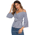 Women Plaid Peplum Tops Chic Blouse Shirts Backless Gingham Cold Shoulder Sexy Spaghetti Strap Bowtie Waist Belt Summer Clothing